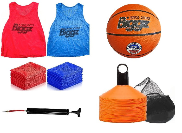 Basketball starter kit - 12 mesh colored vest with size 6 Basketball and pump + Bonus 25 cones