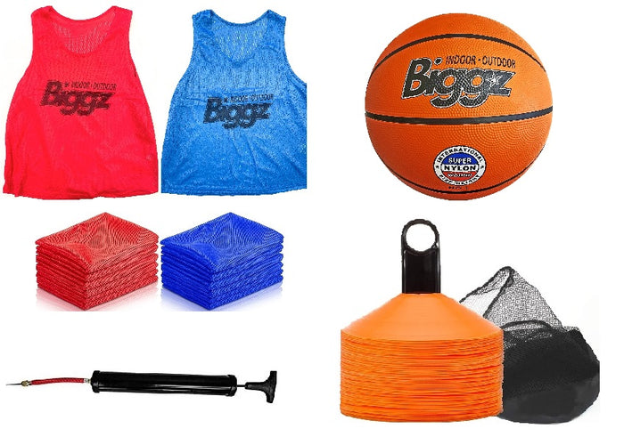 Basketball starter kit - 24 mesh colored vest with size 6 Basketball and pump + Bonus 25 cones