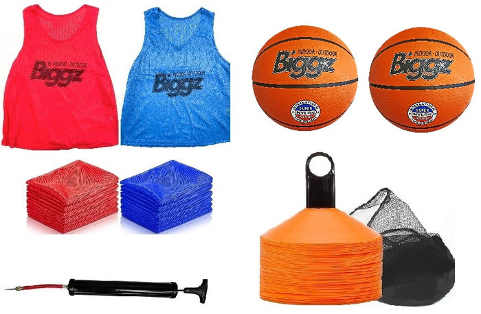 Basketball starter kit - 48 mesh colored vest with size 6 Basketball and pump + Bonus 25 cones