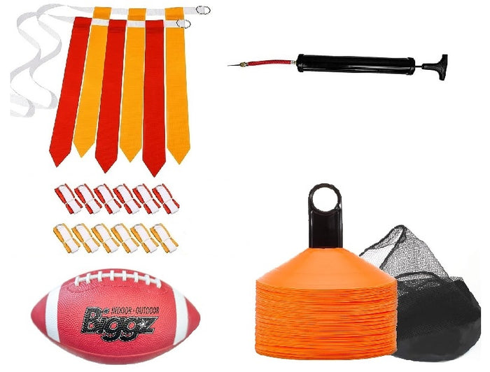 Flag football starter kit - 12 Belts with Junior size footballl and pump + Bonus 25 Cones