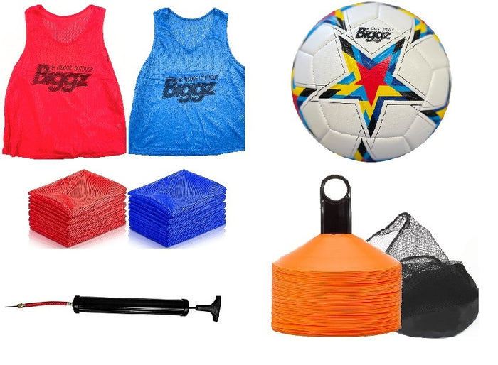 Soccer starter Kit - 12 mesh colored vest with size 5 soccer ball and pump + Bonus 25 cones